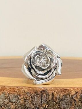 Vintage Style Silver Tone 3D Rose Flower Statement Ring Spring